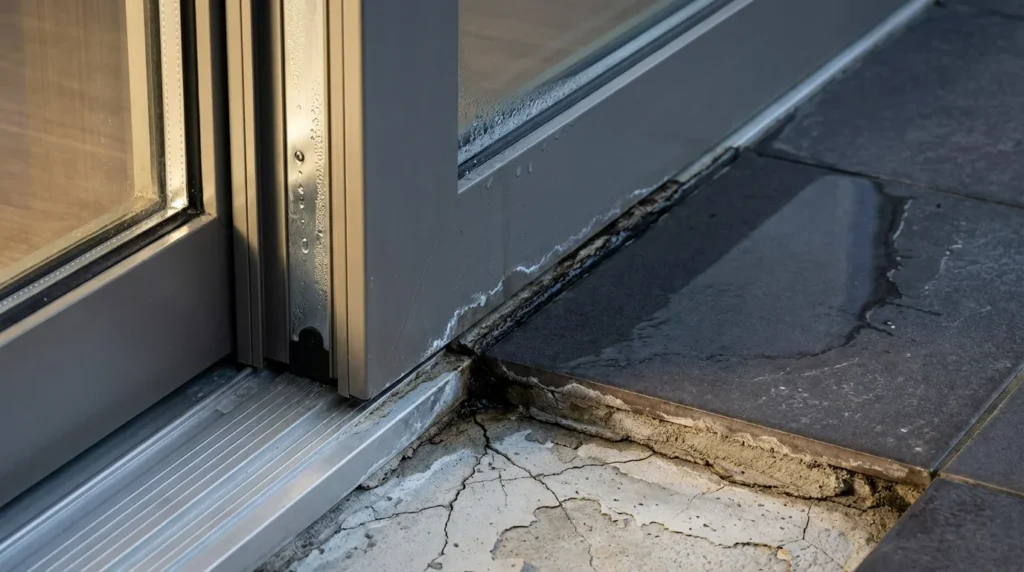 Detailaufnahme einer modernen Terrassentürschwelle. Zu sehen sind Baufehler: fehlende Entwässerungsöffnung und falsch verlegte Fliesen, die direkt an den Türrahmen anschließen.
