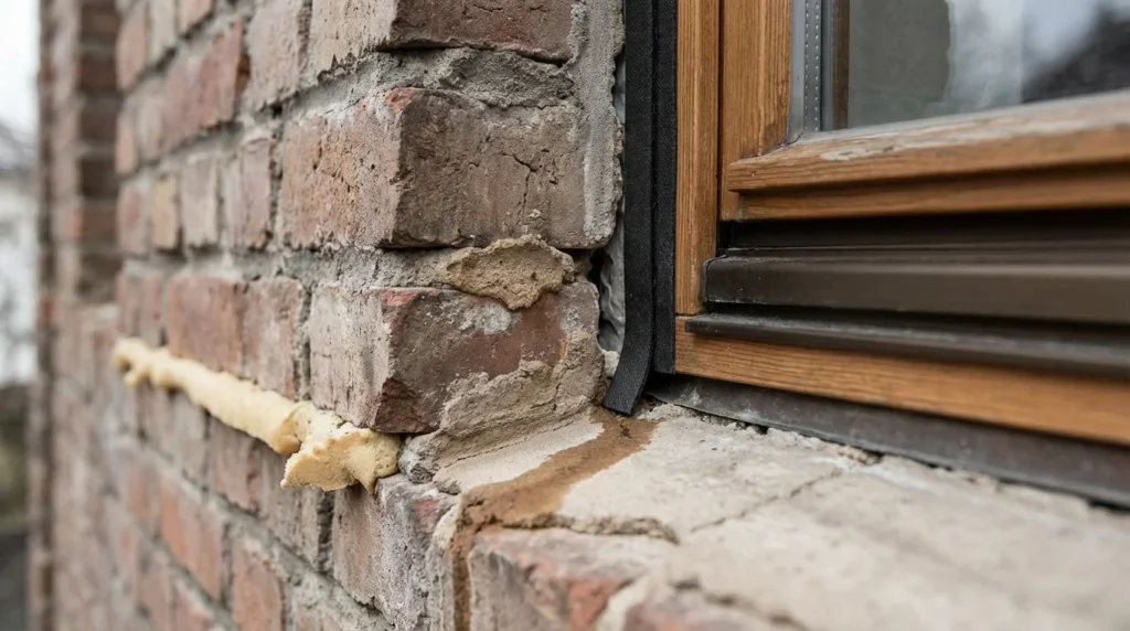 Ein Foto zeigt einen alten Fensterrahmen eines Gebäudes mit einer Lücke für ein Dichtungsband. Man sieht, dass das Band nicht überall Kontakt hat und dadurch ein kleiner Luftkanal entsteht.