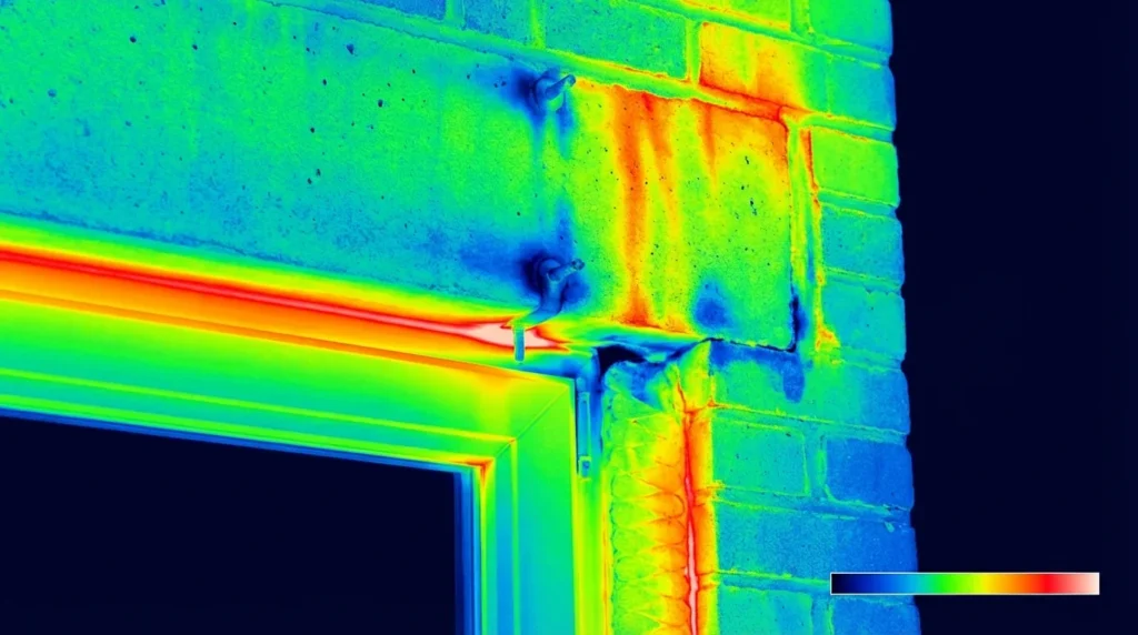 Ein professionelles Wärmebild zeigt ein Fenstersturz im Querschnitt. Man sieht Wärmeverluste, die durch Metallbefestigungen und Verbindungsstellen entstehen. Die Farben zeigen, wo Wärme entweicht.
