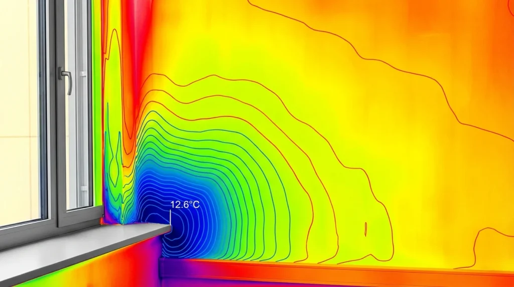 Ein modernes Gebäude von innen, aufgenommen mit Wärmebildkamera. Man sieht die Temperaturunterschiede an der Wand nach Fensteraustausch, dargestellt in Blau- und Rottönen. Die Linien zeigen, wo es wärmer und kälter ist.