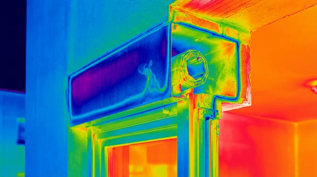 Ein modernes Gebäude mit einer Wärmebildaufnahme eines unisolierten Rollladenkastens. Man sieht Temperaturunterschiede und Kondensation im Querschnitt der Wand. Die Farben zeigen, wo Wärme entweicht und Kälte eindringt.