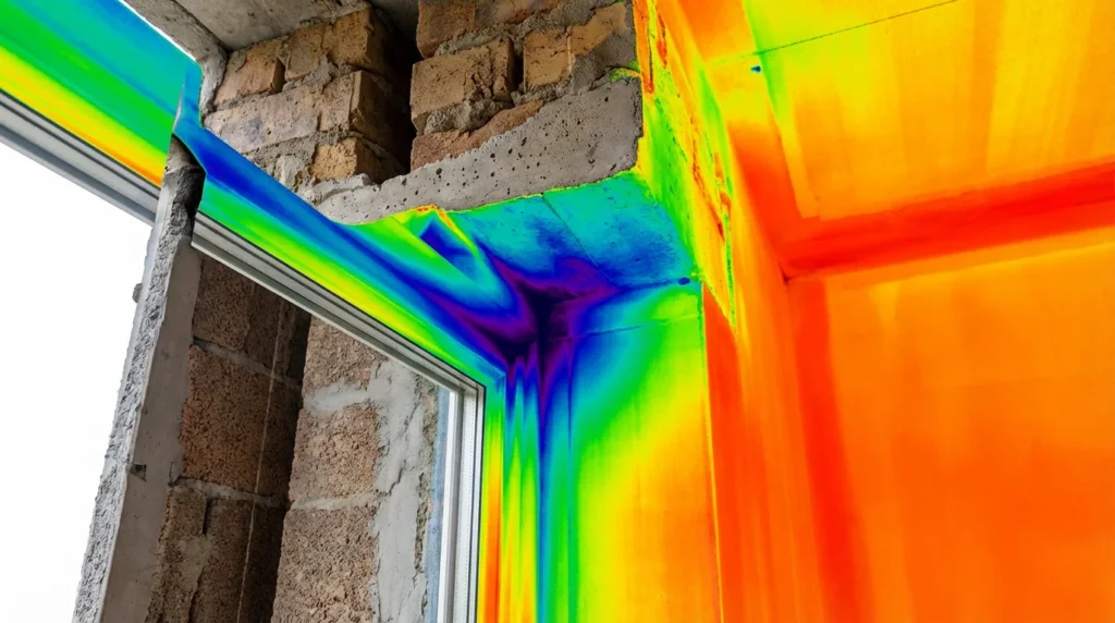 Ein professionelles Wärmebild zeigt ein Fenster mit erkennbaren Wärmebrücken. Man sieht deutlich, wo Wärme entweicht, besonders an den Stellen, wo die Wand auf das Fenster trifft. Farben von blau bis rot zeigen die Temperaturunterschiede.