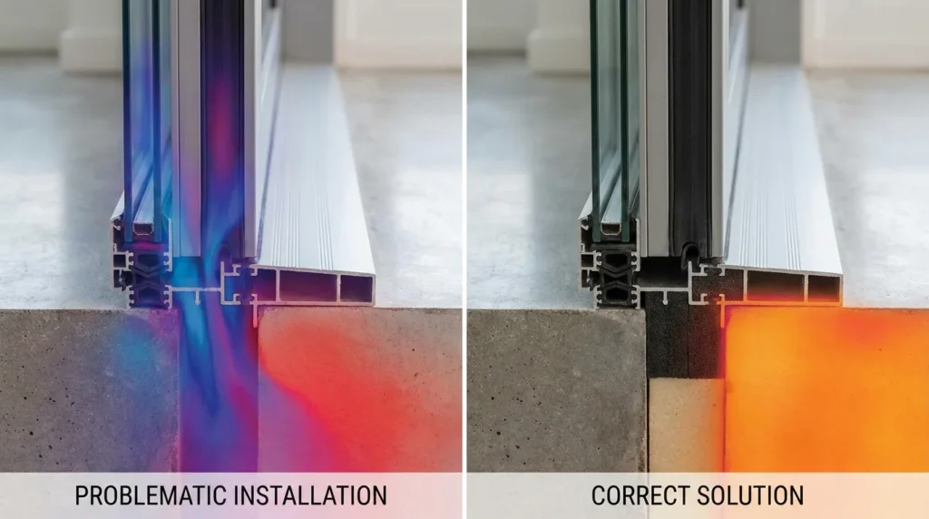 Ein professionelles Foto zeigt einen architektonischen Querschnitt einer modernen Türschwelle. Auf der linken Seite ist ein Wärmebrückenproblem sichtbar, während rechts eine optimierte Lösung dargestellt wird. Kalte Luft dringt links ein, rechts nich