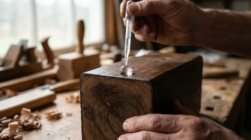 Nahaufnahme von den Händen eines Handwerkers, der einen Wassertropfentest auf einer Holzoberfläche durchführt. Die Tropfen perlen ab, was die gute Versiegelung zeigt. Im Hintergrund sieht man eine Werkstattumgebung.